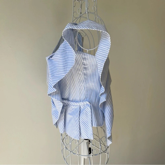Mila Carr STRIPED RUFFLE BLOUSE sleeveless top back full zip cotton white blue 2 - Picture 4 of 10